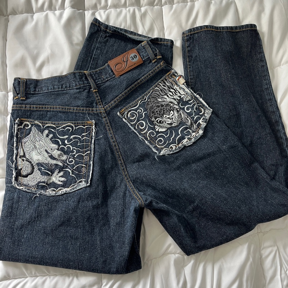 Men’s Embroidered Dark Wash Baggy Vintage Jeans